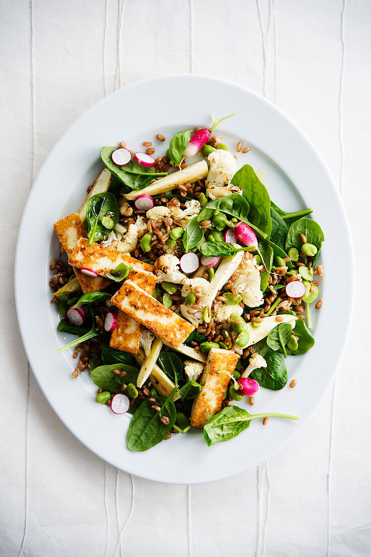 Wheat salad, vegetables and halloumi