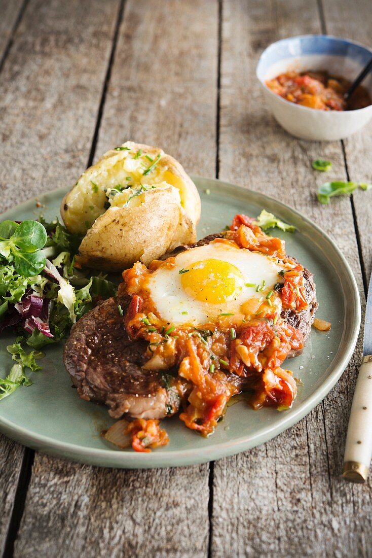 Gegrilltes Steak mit Spiegelei, Tomaten-Zwiebel-Kompott, Kräuter-Pellkartoffel und Salat