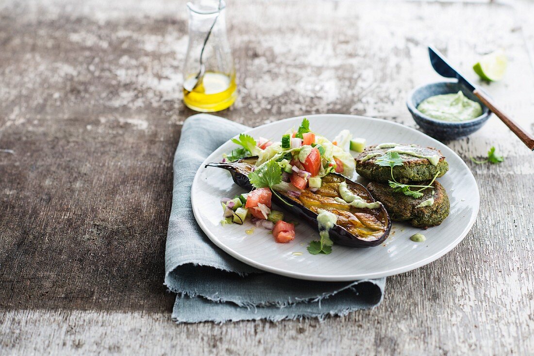 Spinach falafels, grilled aubergine and mixed salad