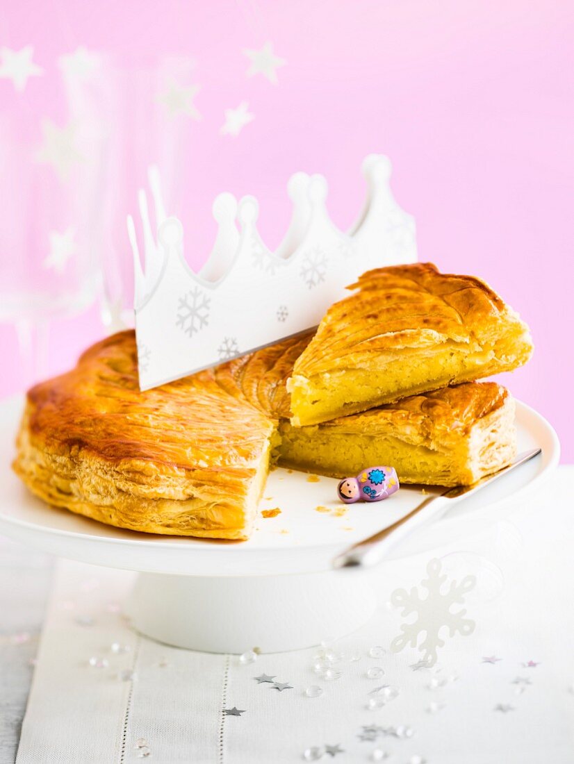 Marzipan Galette des rois, crown and lucky charm