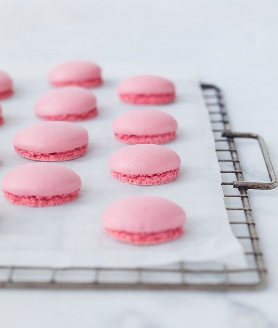 Pink Macaron shells on a baking rack covered with wax paper