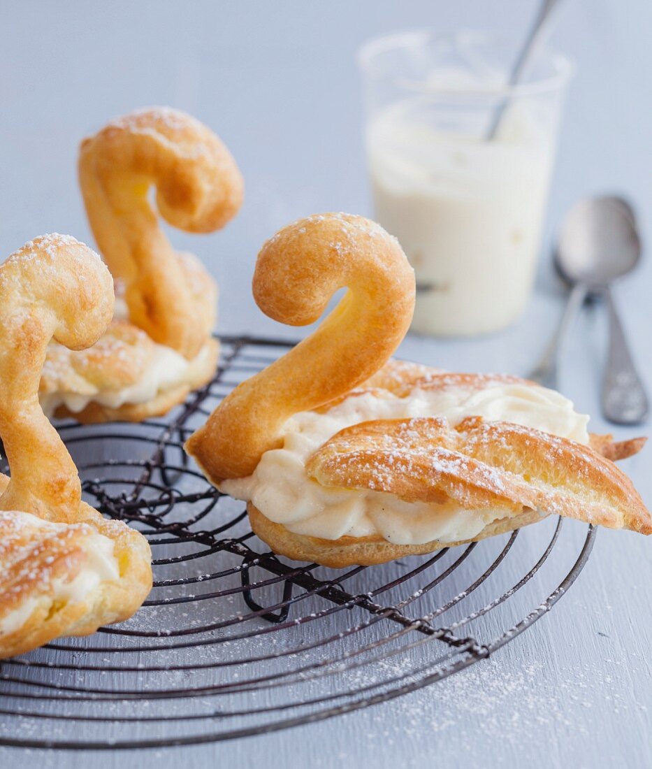 Choux pastry swans with Chiboust cream