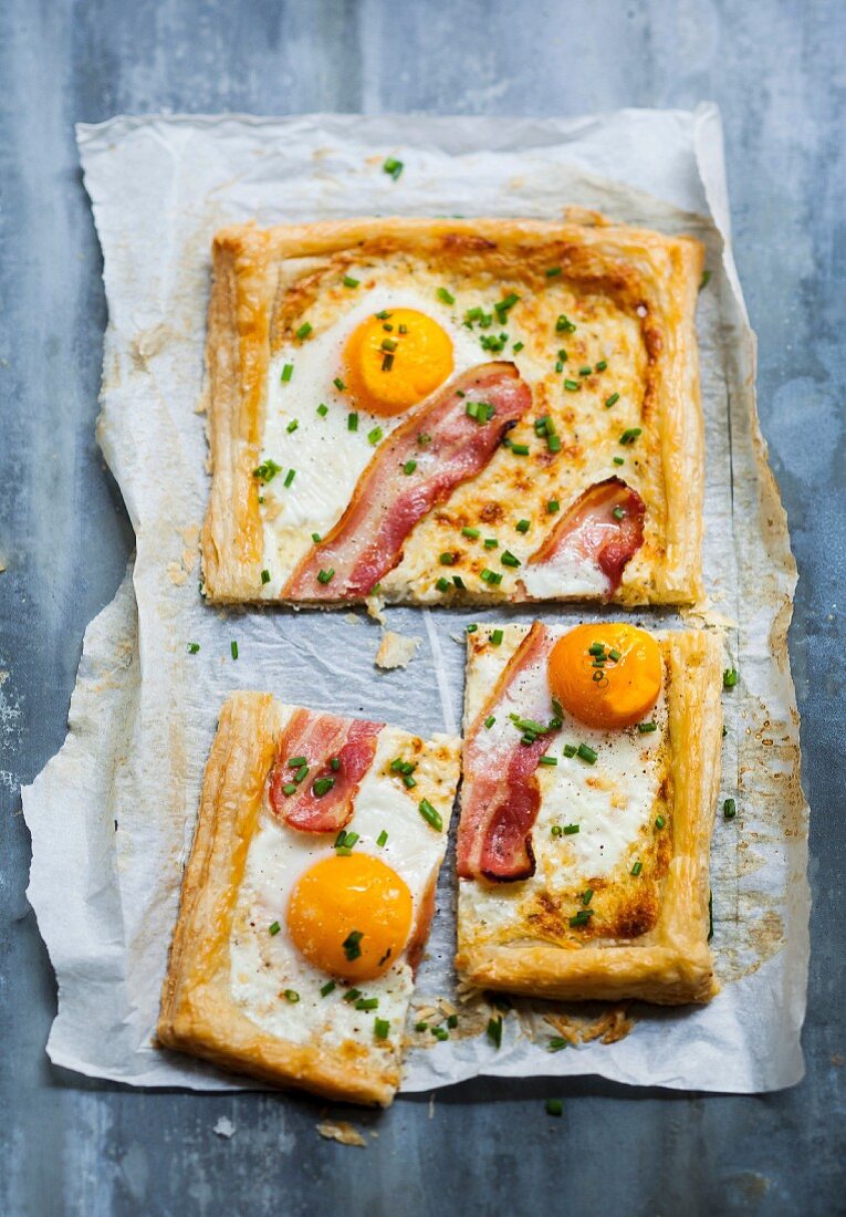 Eggs and bacon puff pastry savoury tart