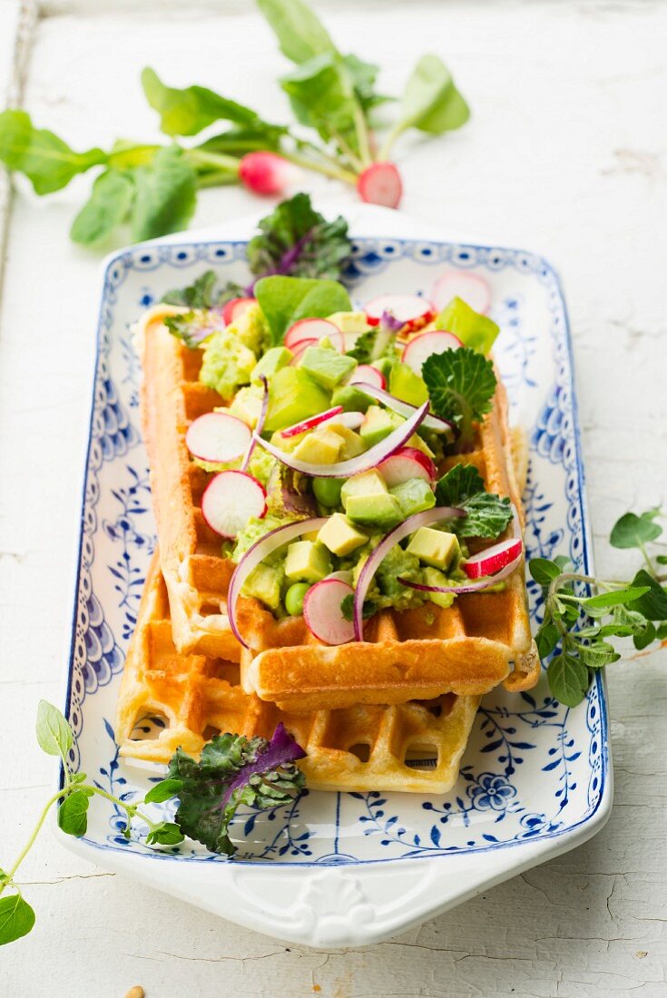 Vegetarian savoury waffle with avocado and radishes