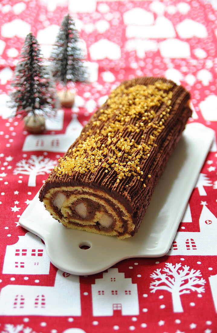 Chocolate and pear Christmas log cake