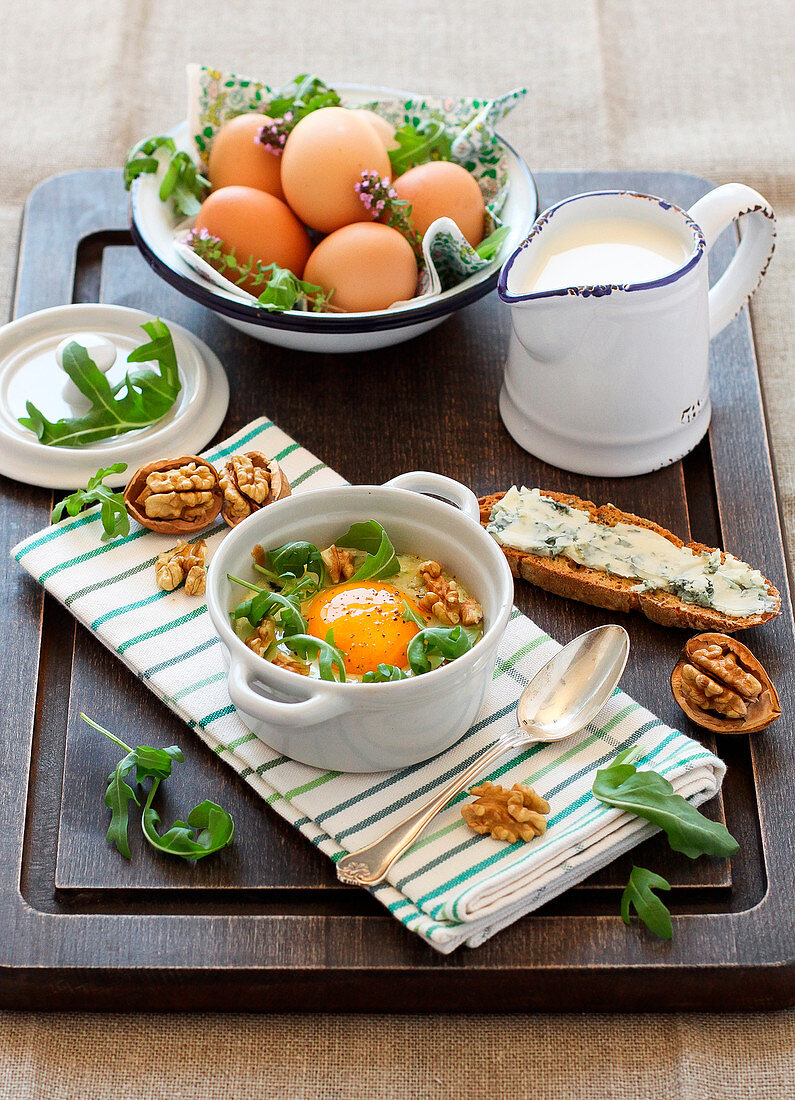 Shirred eggs with Roquefort and walnuts