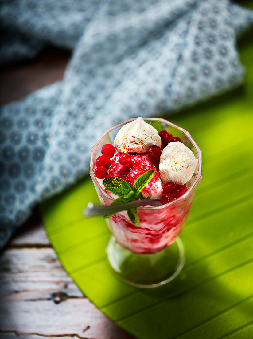 Fromage Blanc ice cream, fresh redcurrant coulis with small meringues