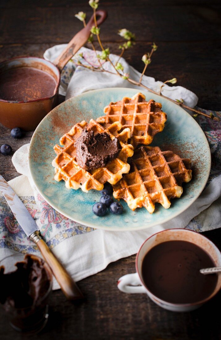 Waffles Liégeoises with chocolate whipped cream