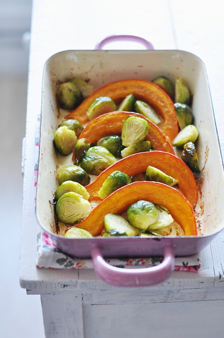 Rosted sliced pumpkin and Brussels sprouts