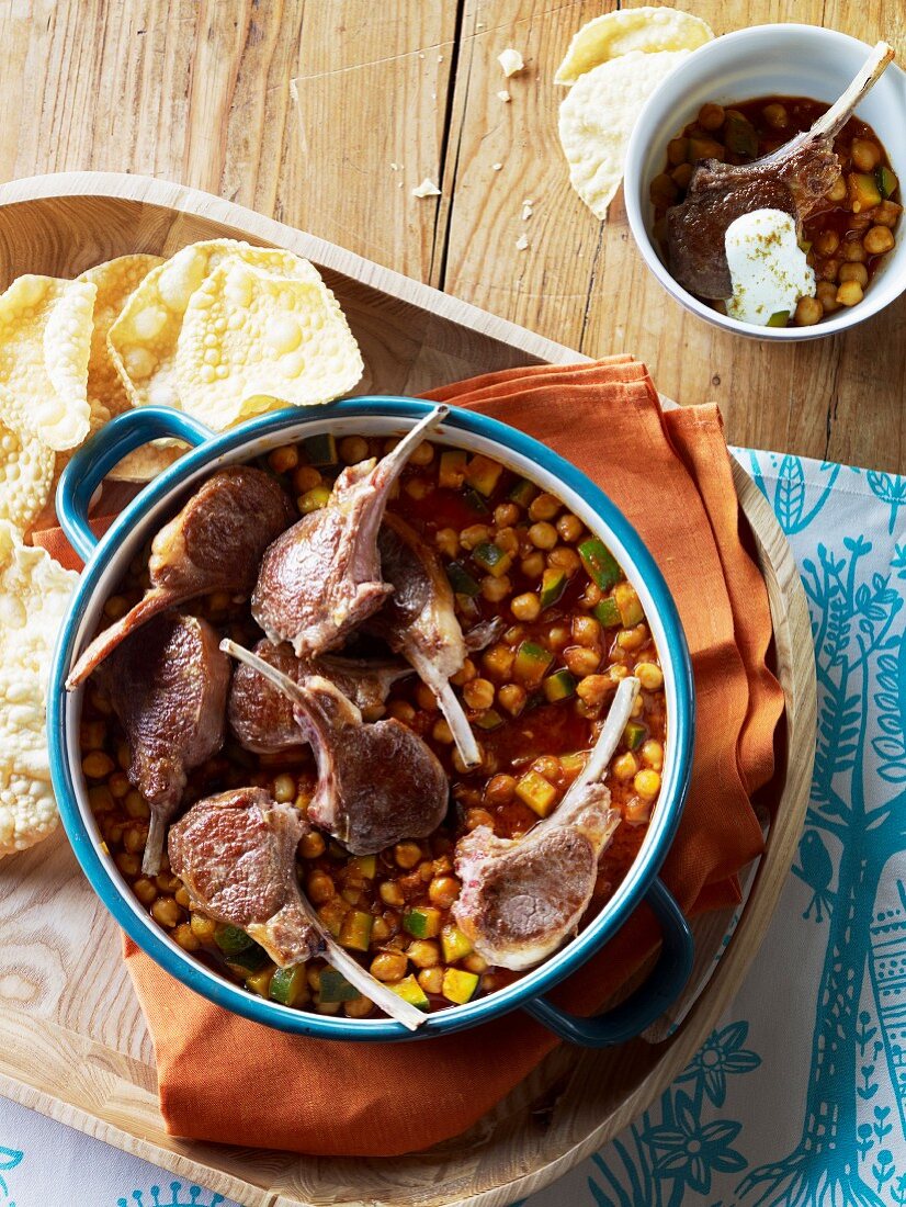 Lamb chops with chickpea stew and pappadums