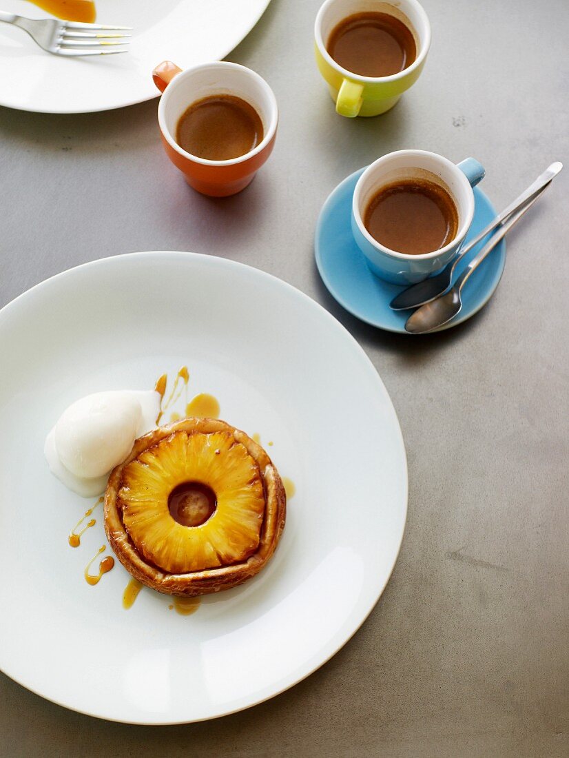 Caramelized pineapple tart and espresso coffees