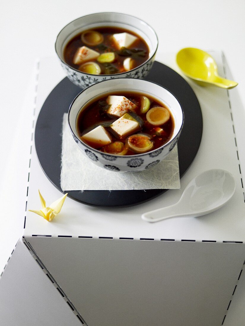 Miso soup with tofu and leeks