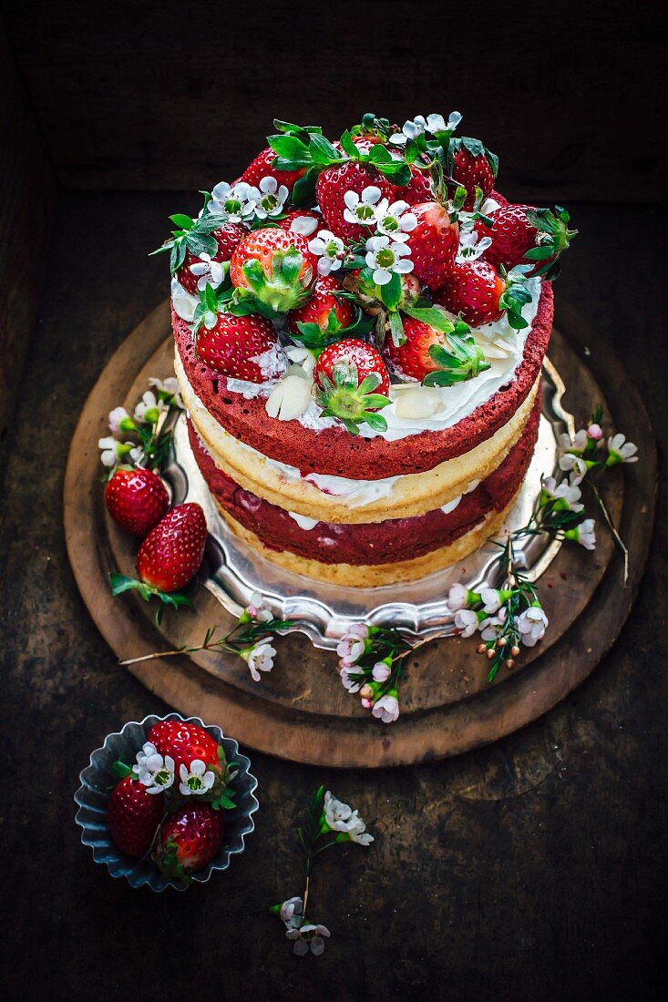 Red Velvet Cake mit Mandeln und Erdbeeren, USA (Draufsicht)