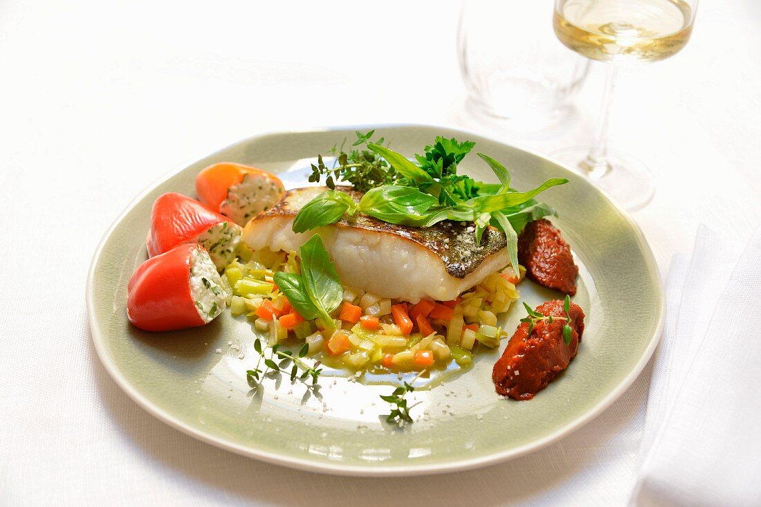 Piece f pollock with spring vegetables, peppers stuffed with fromage frais and confit tomatoes