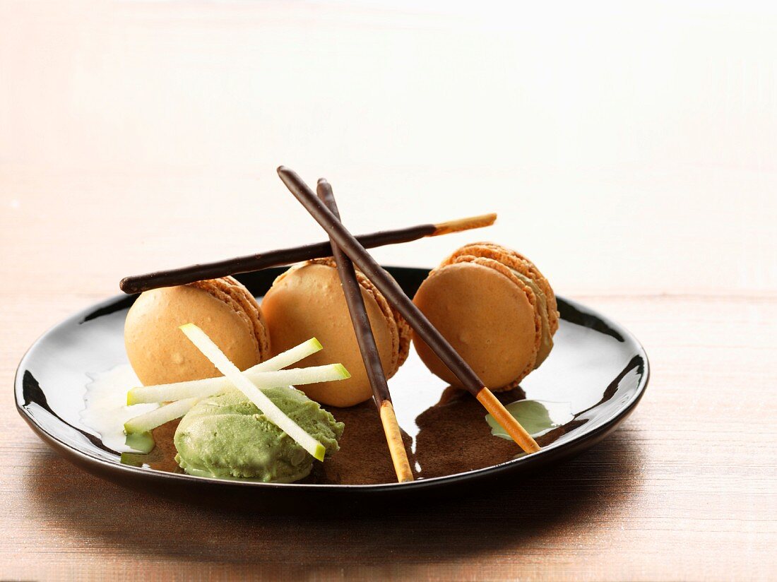 Walnut Macarons, Mikado biscuits, green tea ice cream and Granny Smith apple sticks