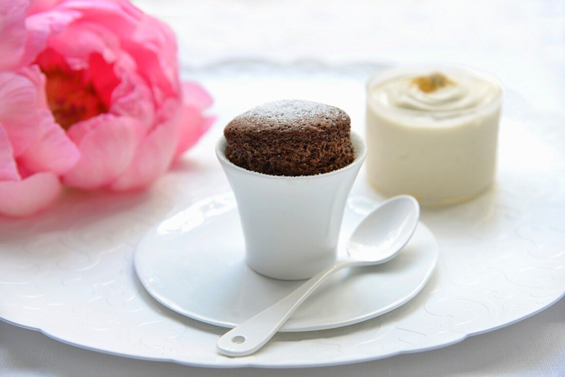 Small chocolate soufflé and white chocolate mousse