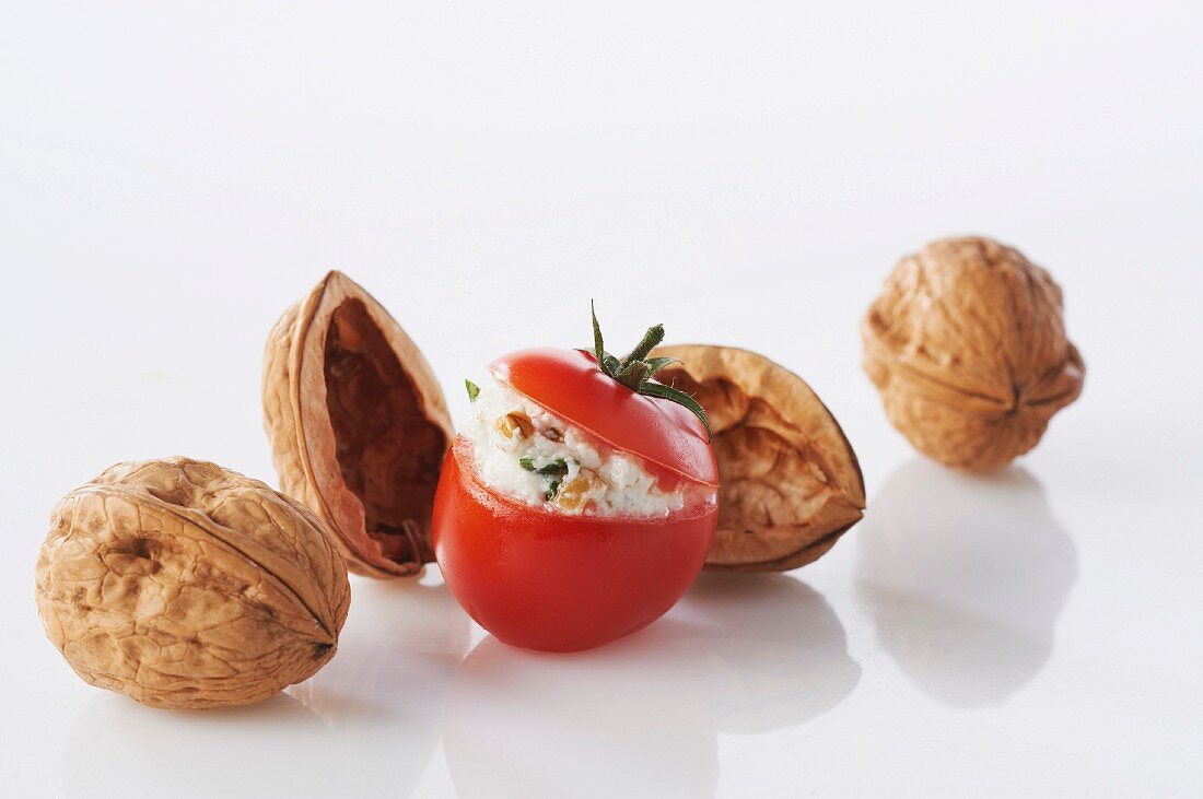 Cherry tomato stuffed with fromage frais and walnuts