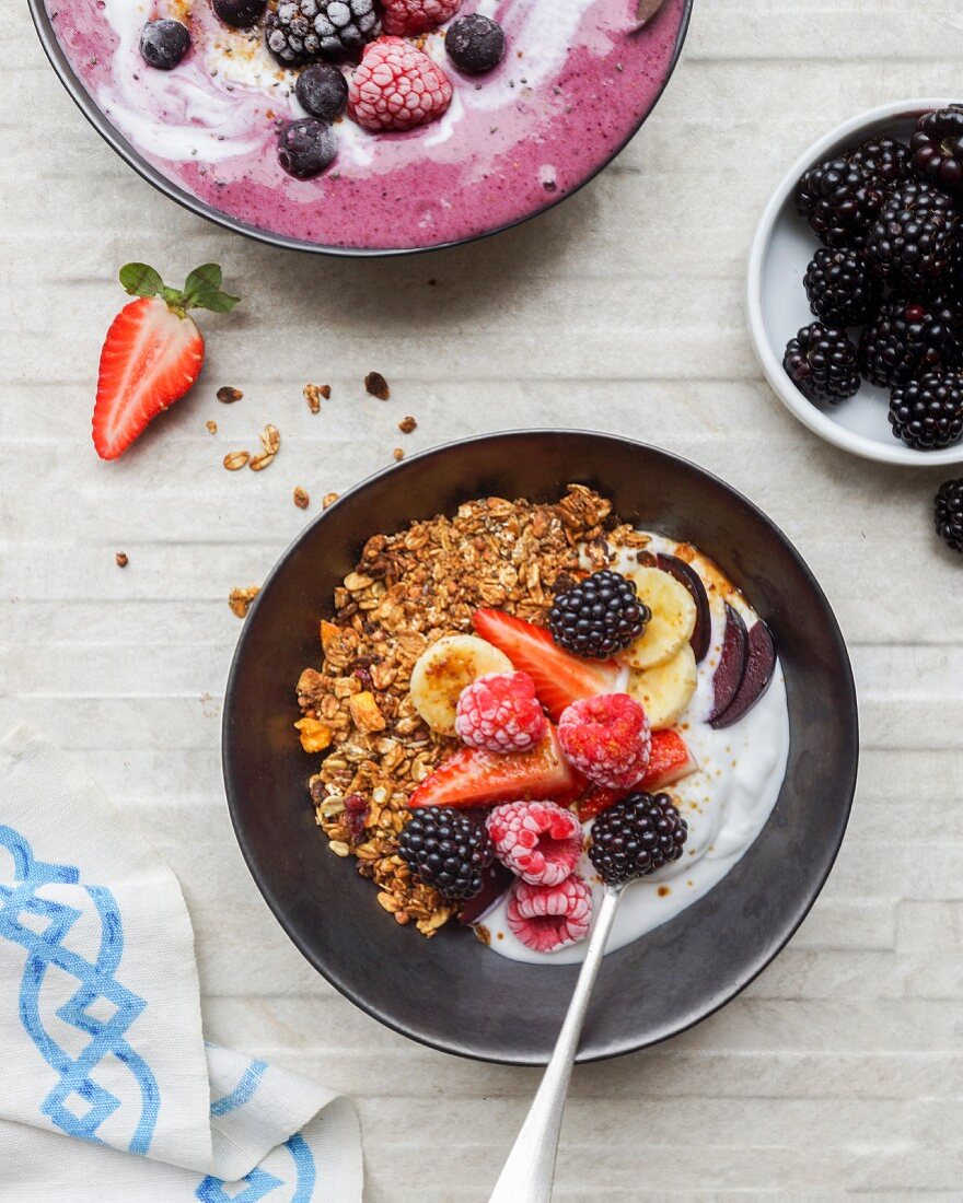 Summer fruit, granola and coconut yoghurt fruit bowl