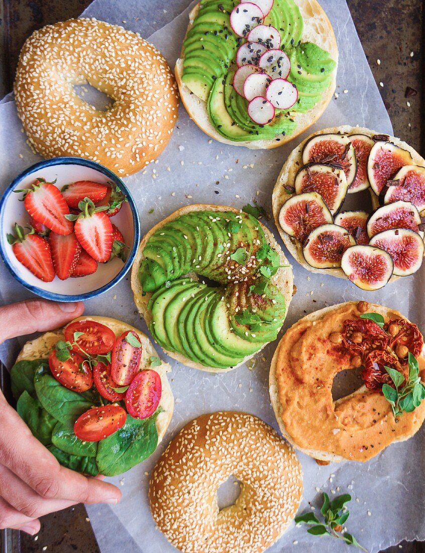 Selection of different bagel sandwiches