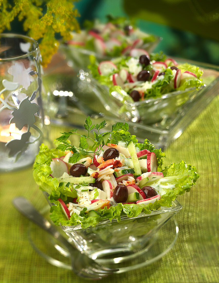 Crisp Vegetable,Feta And Crab Meat Salad With Minty Yoghurt Sauce