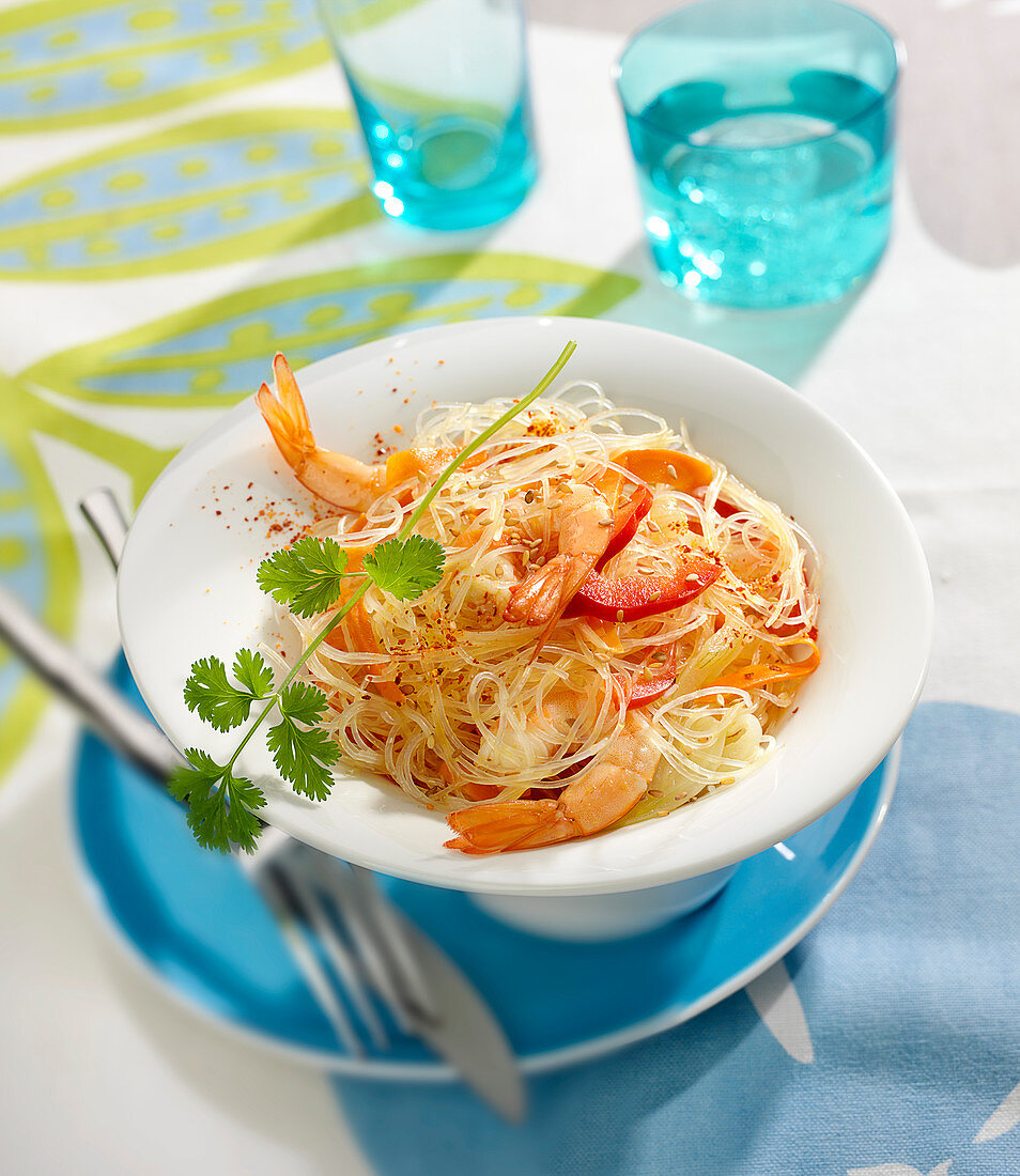 Angel hair pasta sauté with shrimps