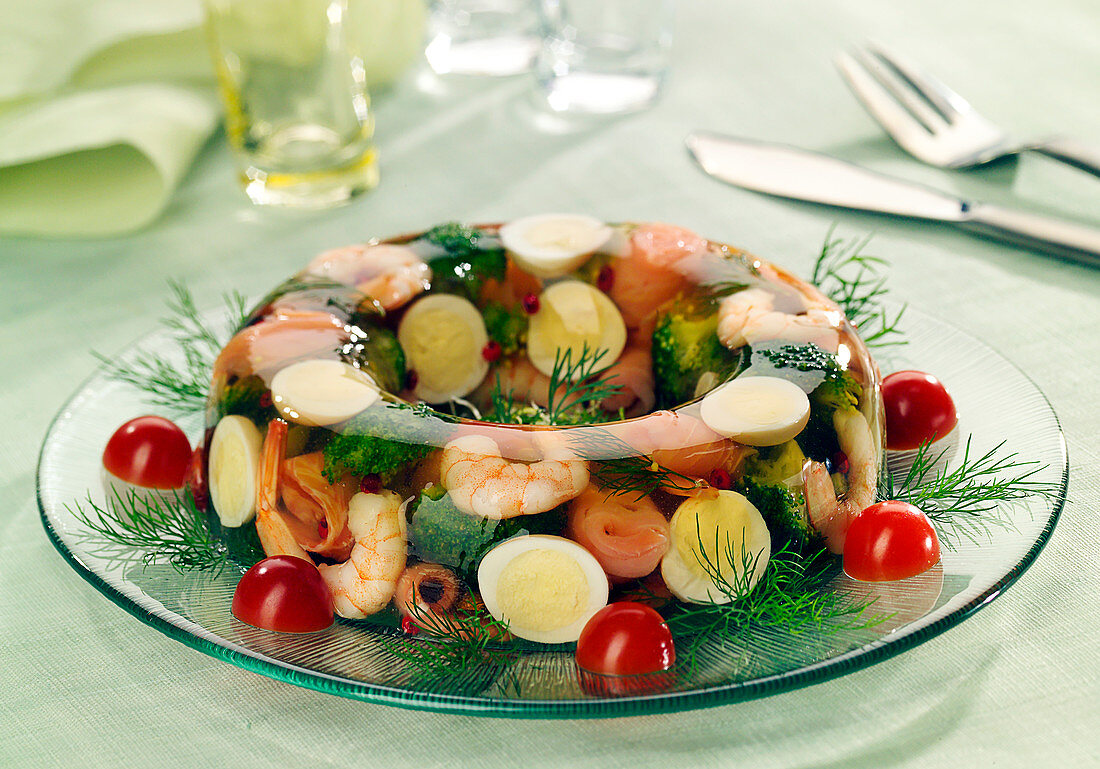 Salmon, broccoli, shrimp and hard-boiled egg quail's eggs in aspic