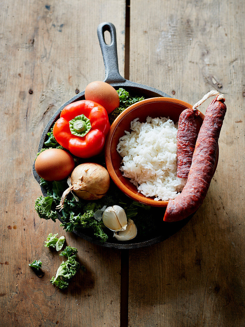 Ingredients for rice, vegetable and chorizo tortilla