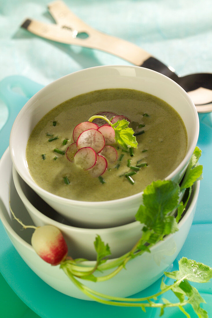 Cream of Swiss chard soup with radishes