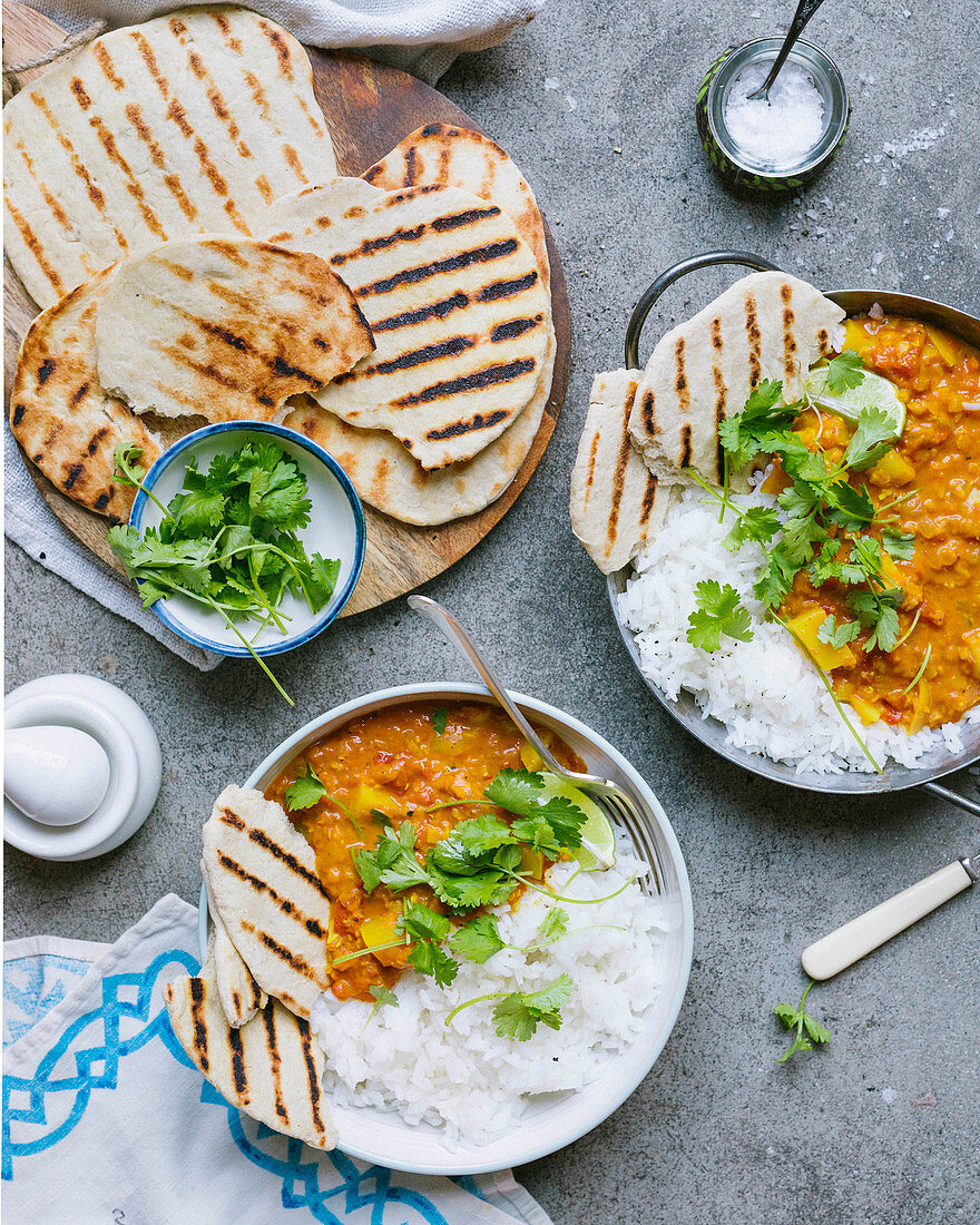 Potato Dahl, rice and Indian bread
