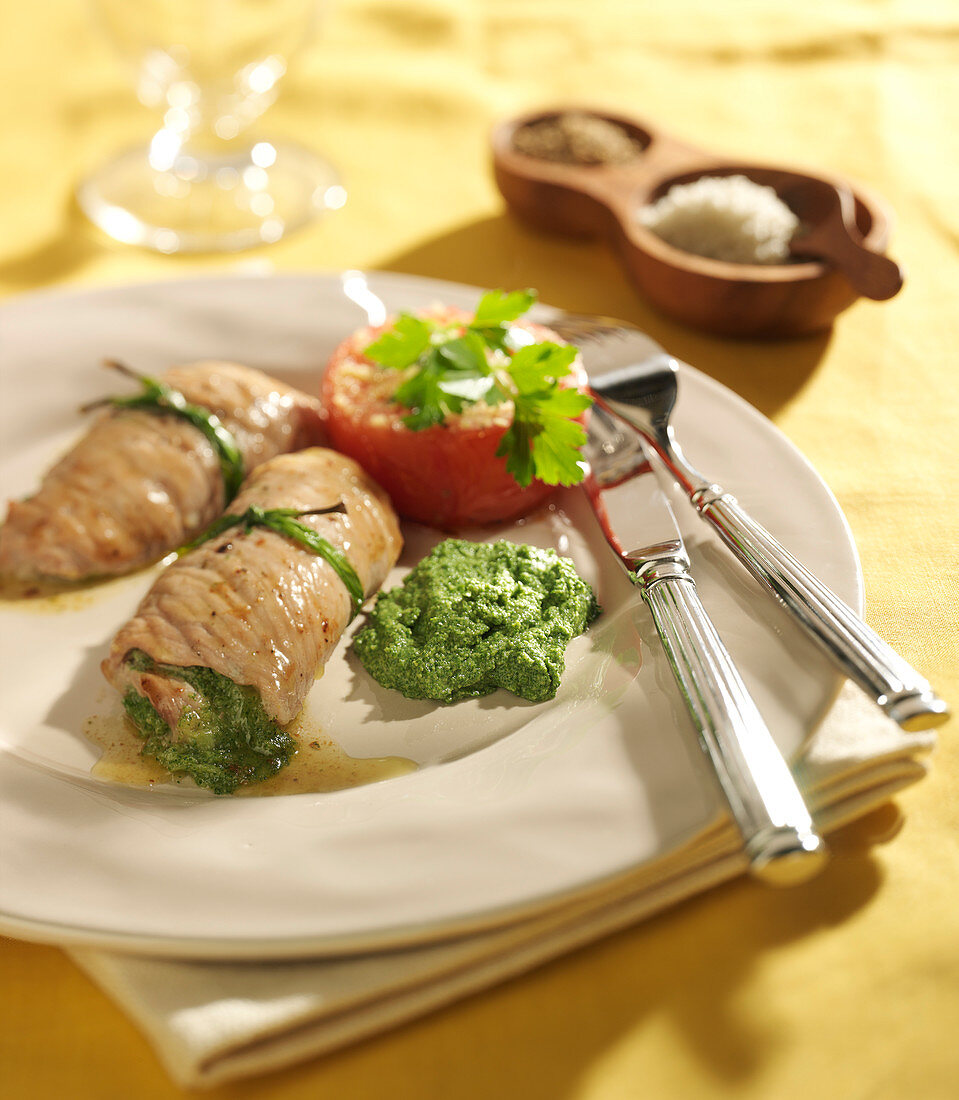 Veal escalope rolls stuffed with parsley purre