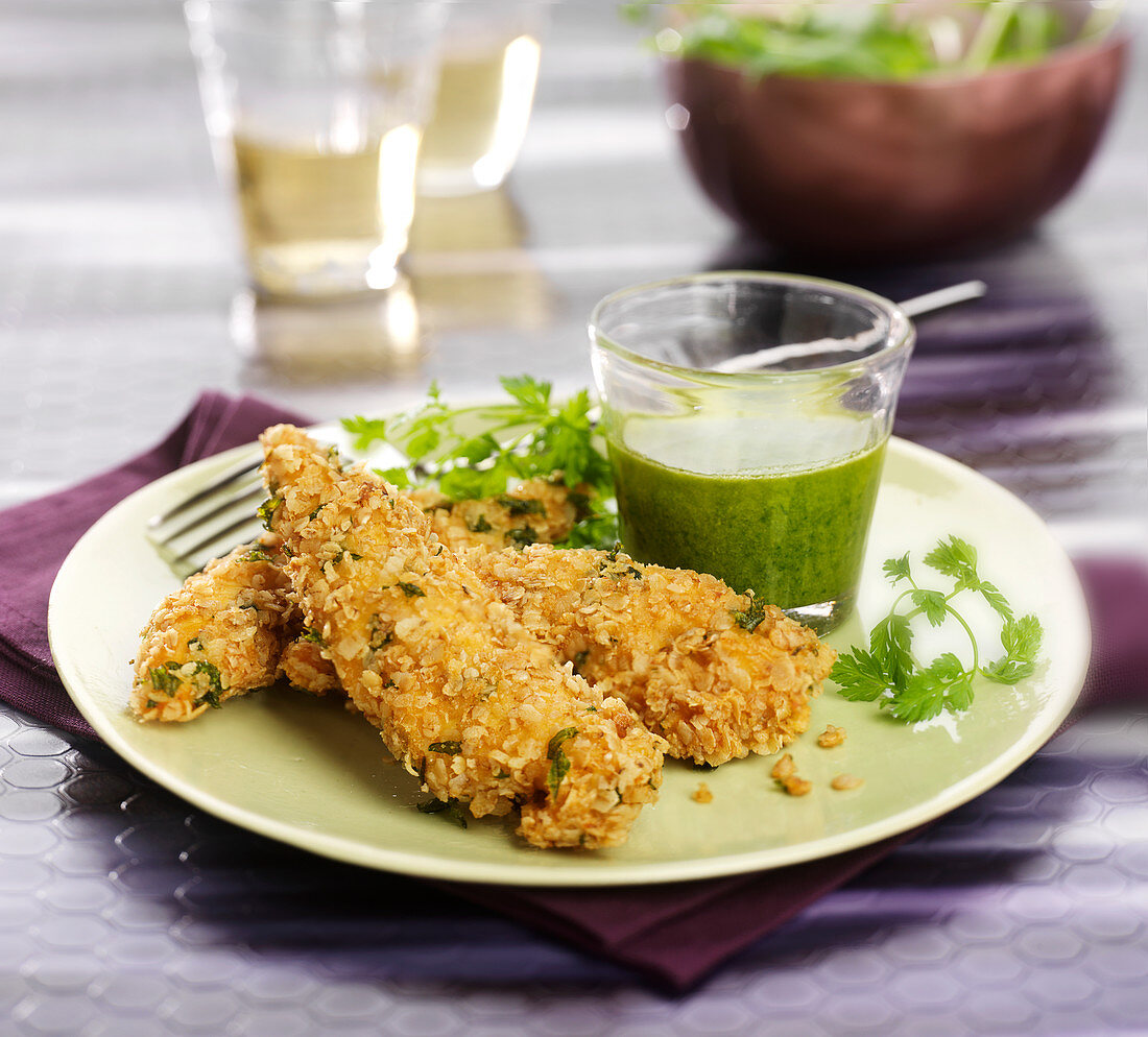 Chicken Nuggets mit Haferflocken-Kräuter-Kruste und Rucolasauce