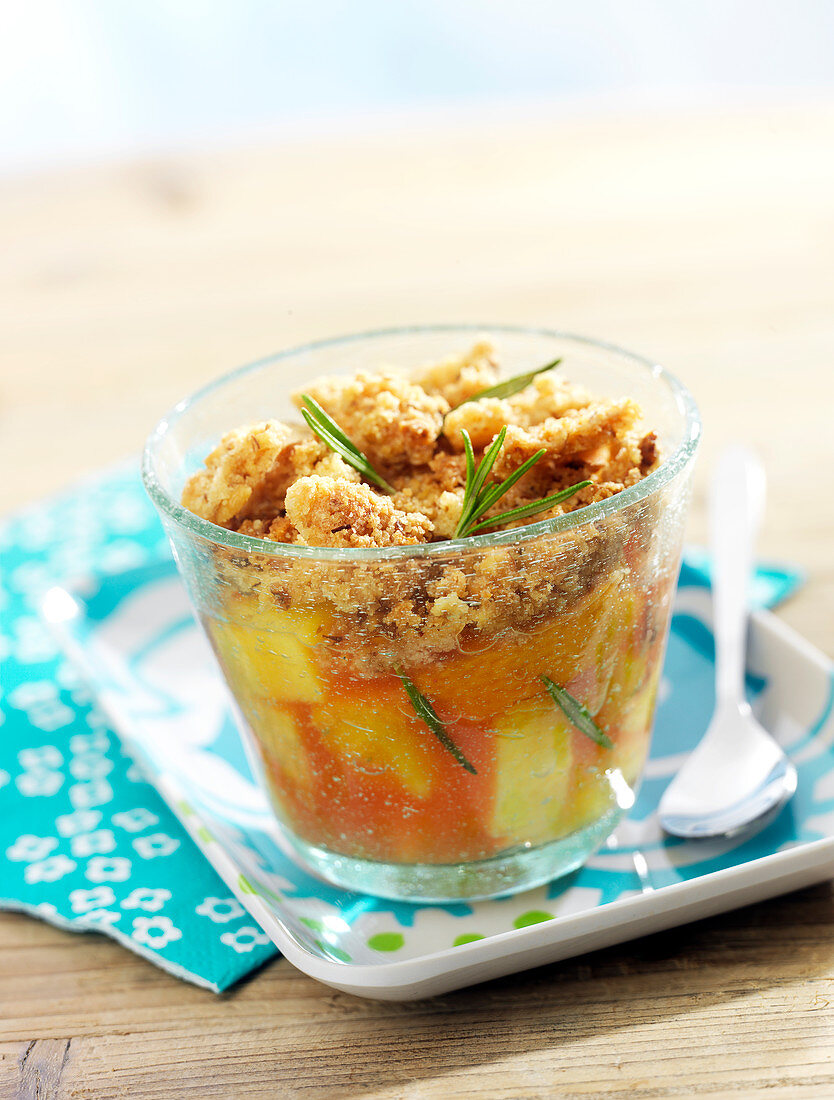 Individual peach and rosemary crumbles
