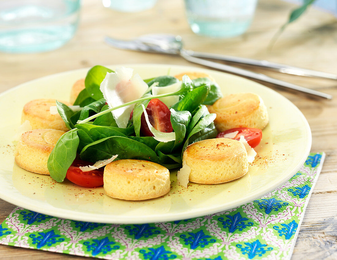 Parmesan shortbreads, spinach,cherry tomato and parmesan flake salad
