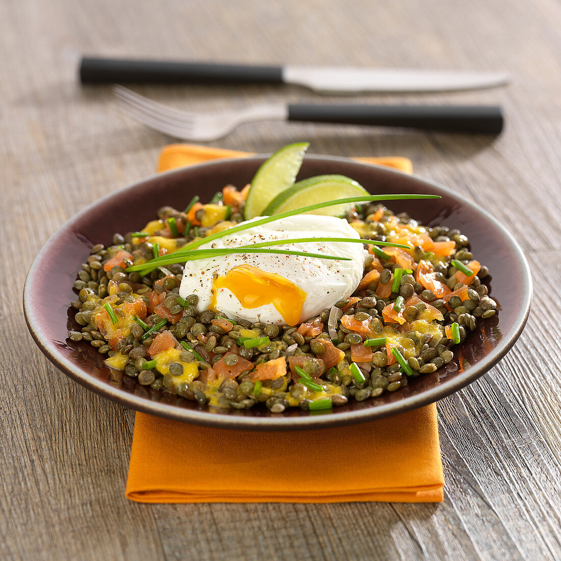 Green lentil, smoked trout and poached egg