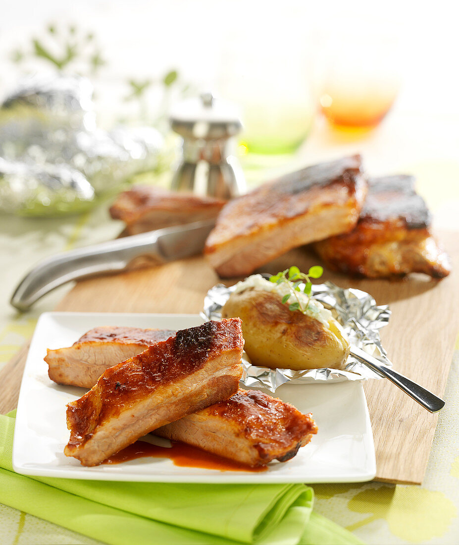 Spare ribs grilled with barbecue sauce