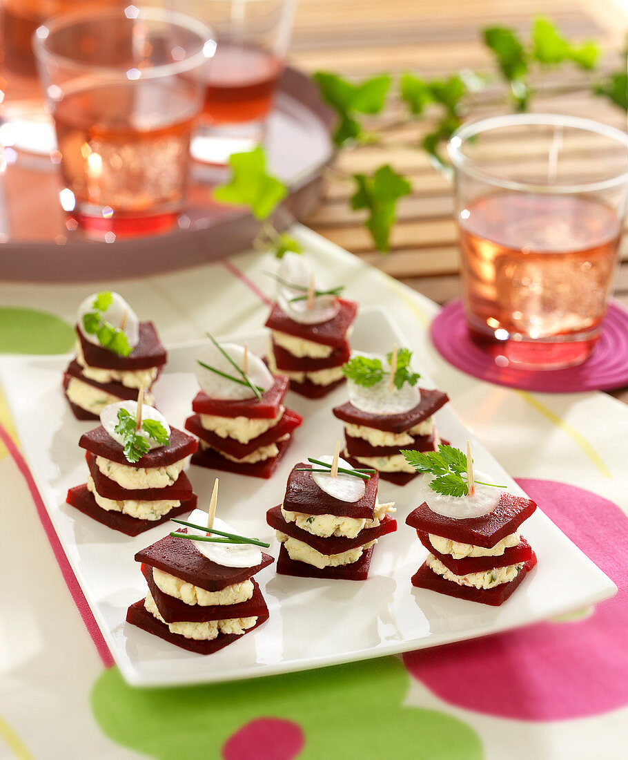 Herb fromage frais and beetroot mini layer appetizers