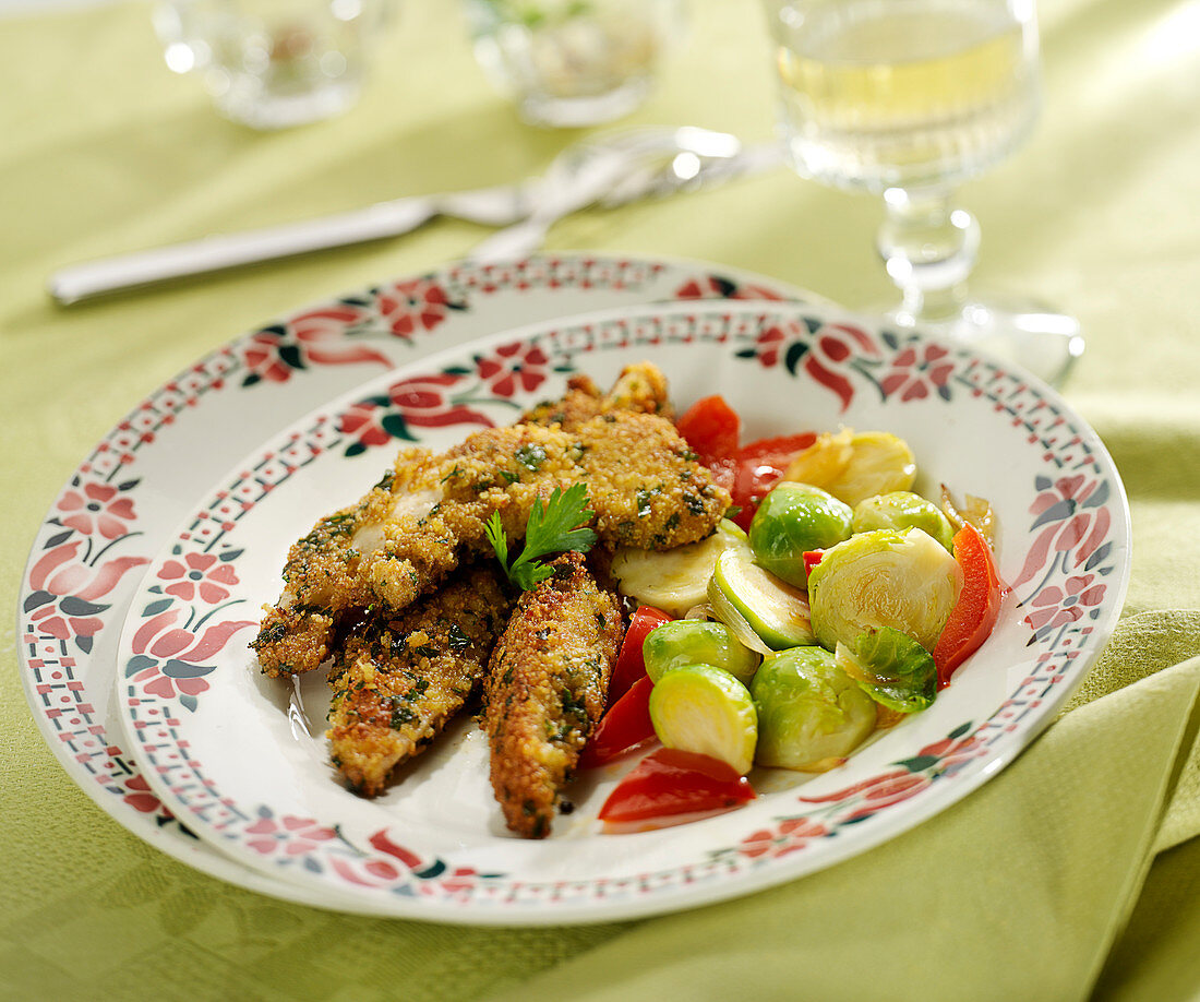 Chicken fillets in spicy crust, brussels sprouts and red peppers sauté