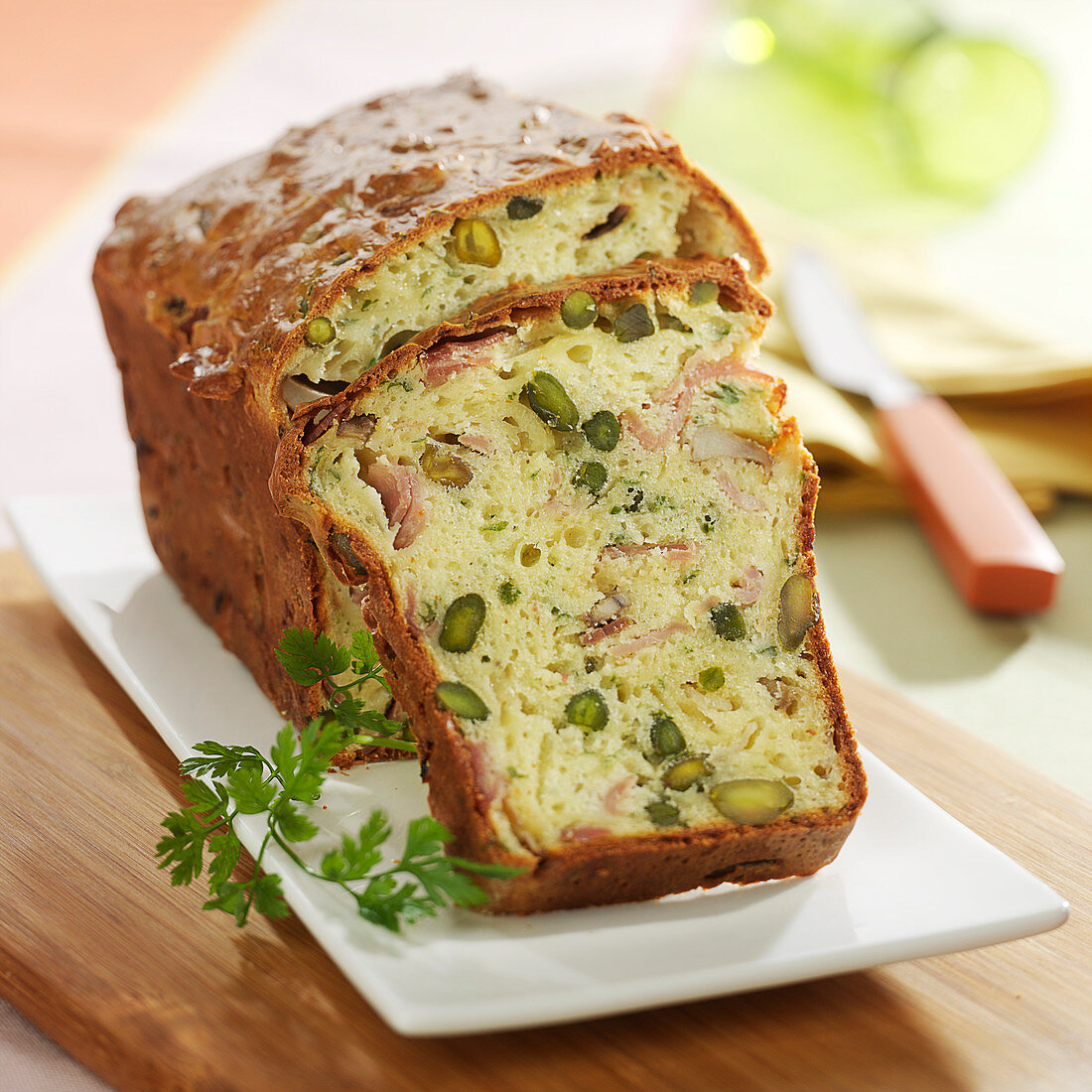 Ham, pistachio and parmesan cake