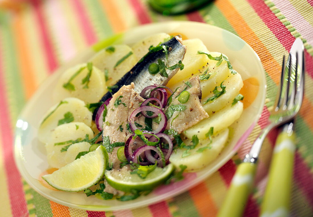 Potato Salad With Sardines Marinated With Lemon,Red Onions,Pepper And Coriander