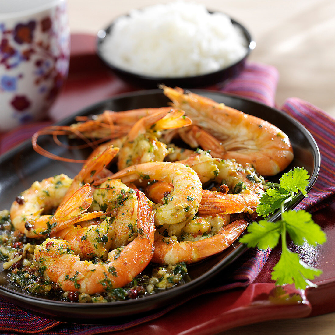 Shrimps with green, pink and Cayenne pepper, paprika and coriander