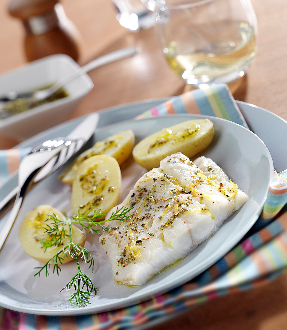 Cod Fillet Marinated In Lemon,Fleur De Sel Sea Salt,Basil,Oregano And Thyme,Potatoes