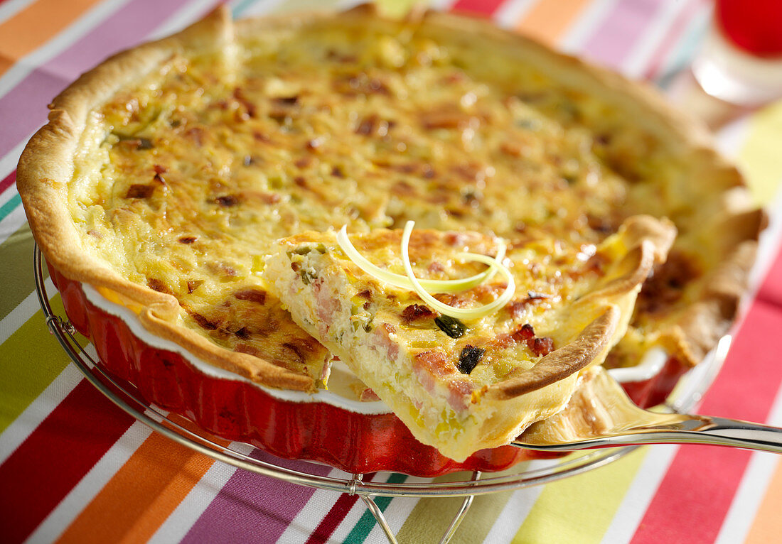 Diced bacon and sliced leek country quiche