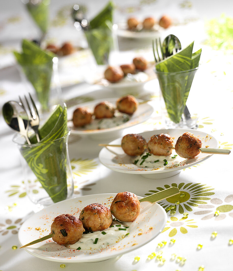 Chicken balls with herby fromage blanc sauce