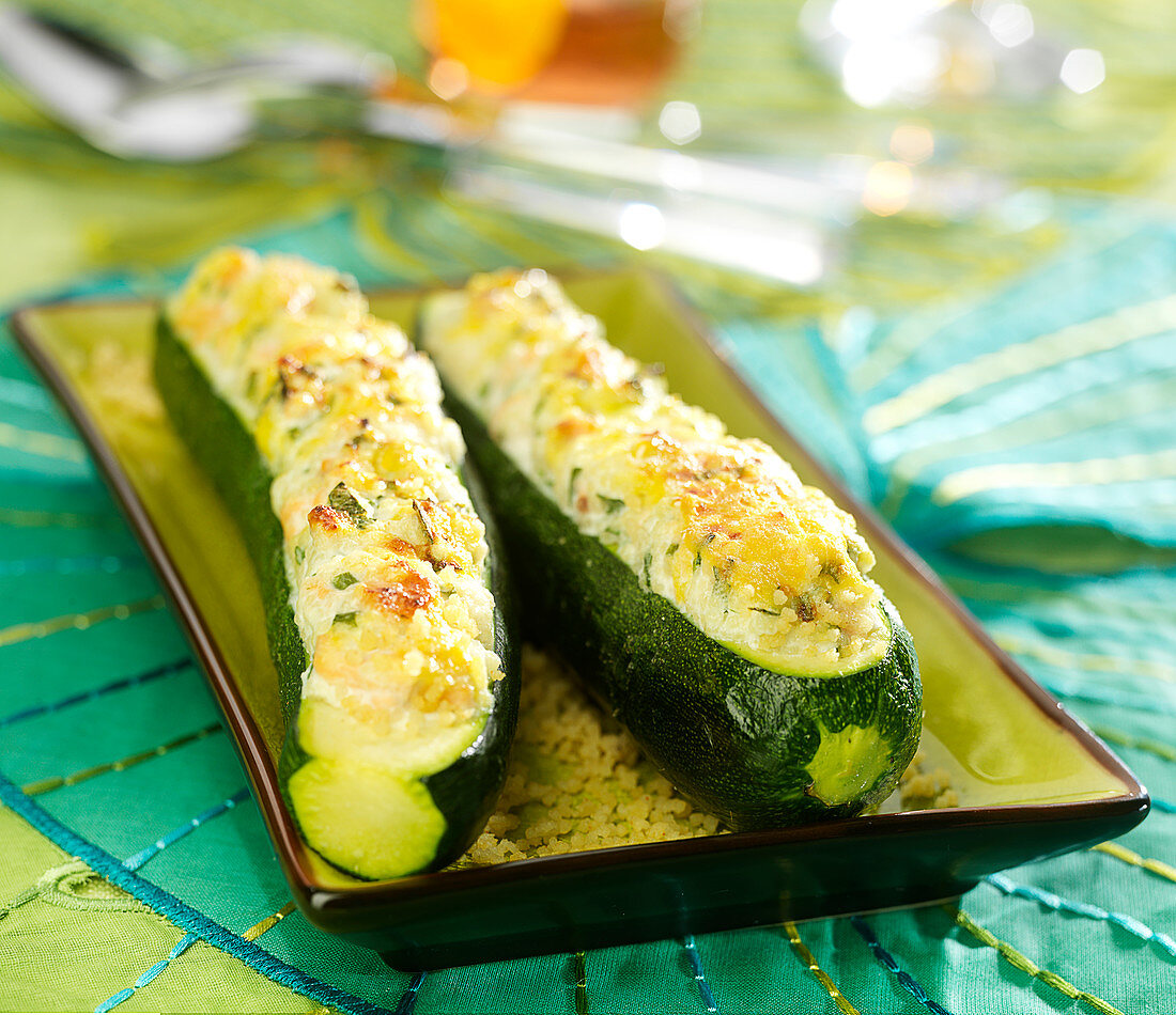 Courgettes stuffed with semolina, salmon and fresh herbs