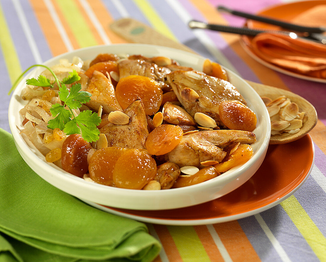 Chicken, dried apricot, almond and onion Tajine