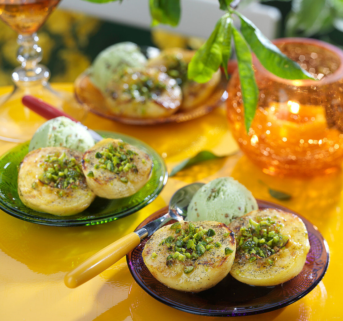 Peaches roasted with vanilla butter,crushed pistachios and pistachio ice cream