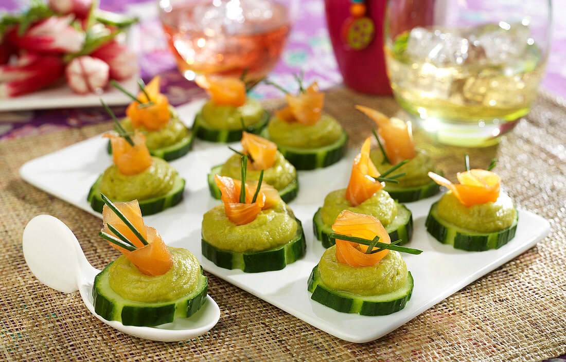 Cucumber,creamed avocado and smoked salmon appetizers
