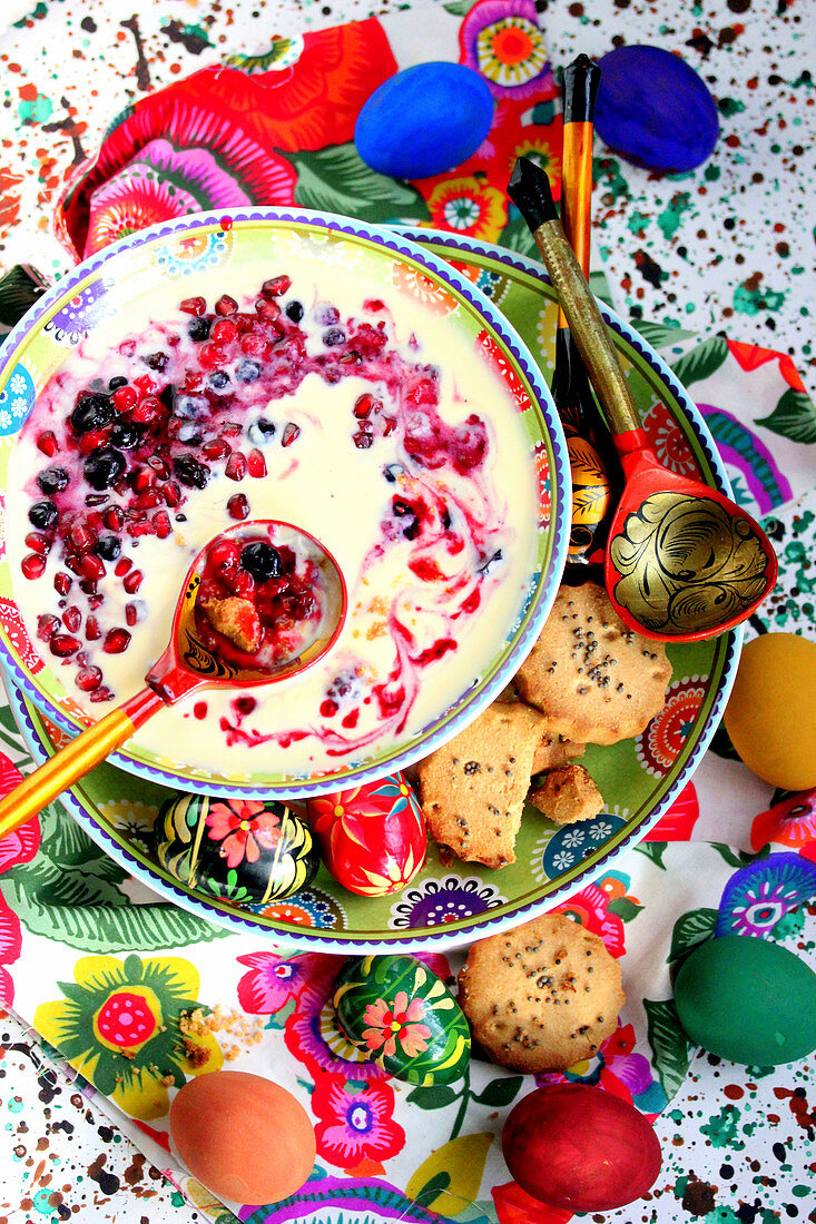 Milk and red fruit Kissel, russian Easter pudding