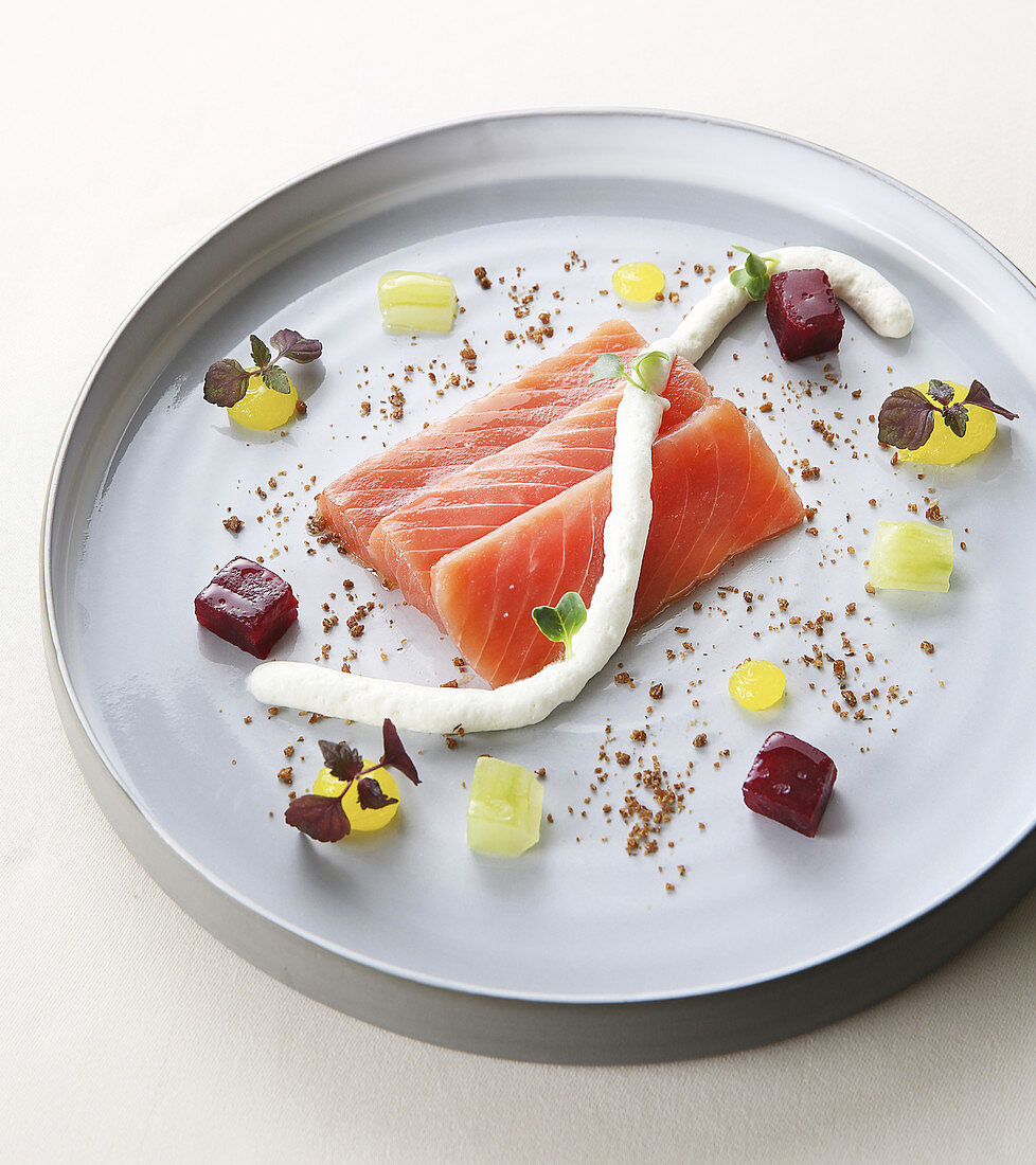 Raw Salmon Fillets With Black Radish Mousse,Diced Beetroots And Cucumber,Yuzu Aspic Drops By Jean-Yves Schillinger