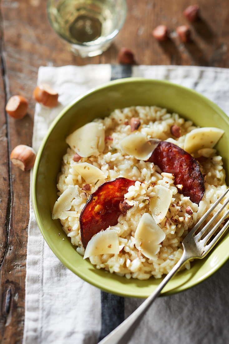 Risotto with Muscadet, seaweed cheese, chorizo and hazelnut slivers